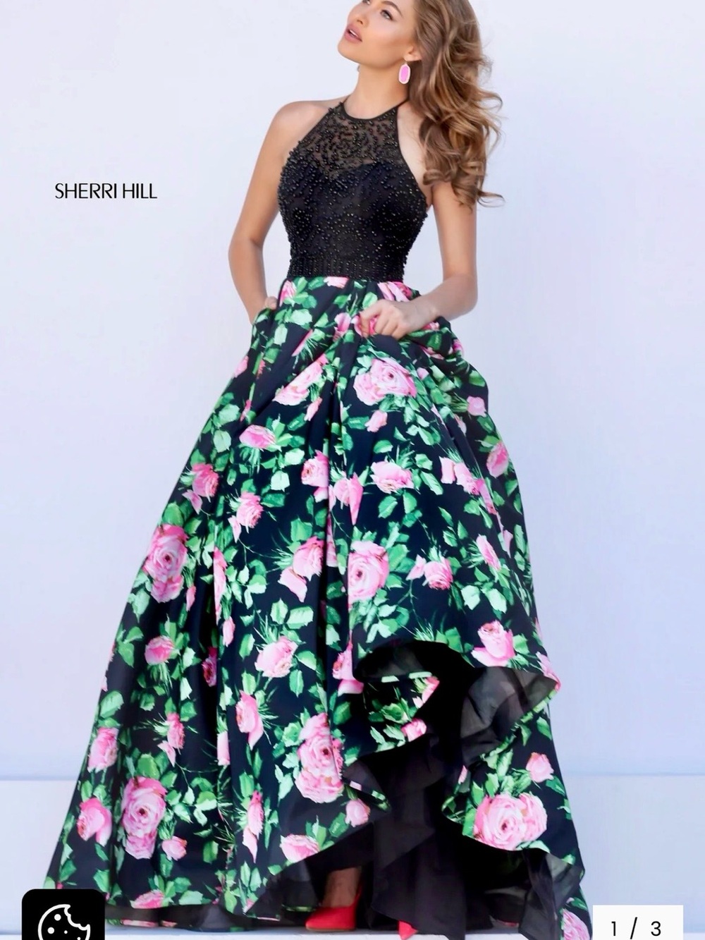 Sherri Hill Black Floral Full-Length Gown with Pink Rose Print